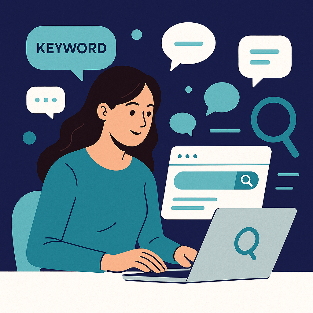 Piirros naisesta, jolla on tummanruskeat hiukset ja joka tekee avainsanatutkimusta läppärillä. Taustalla näkyy puhekuplia ja suurennuslasi, symboloiden hakusanojen tutkimista ja sisällön ideointia.