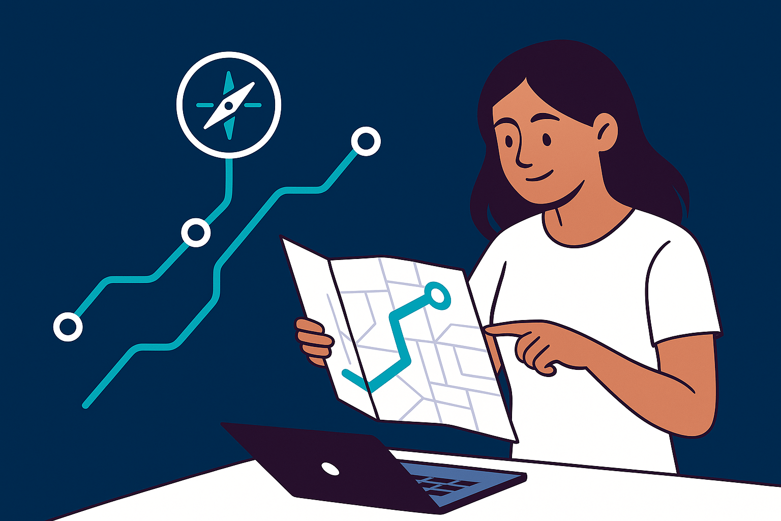 Piirros naisesta, jolla on tummanruskeat hiukset ja joka tutkii karttaa. Taustalla digitaalinen tiekartta, jossa on pisteitä ja kompassi, symboloiden digimarkkinoinnin strategista suunnittelua pienelle yritykselle.