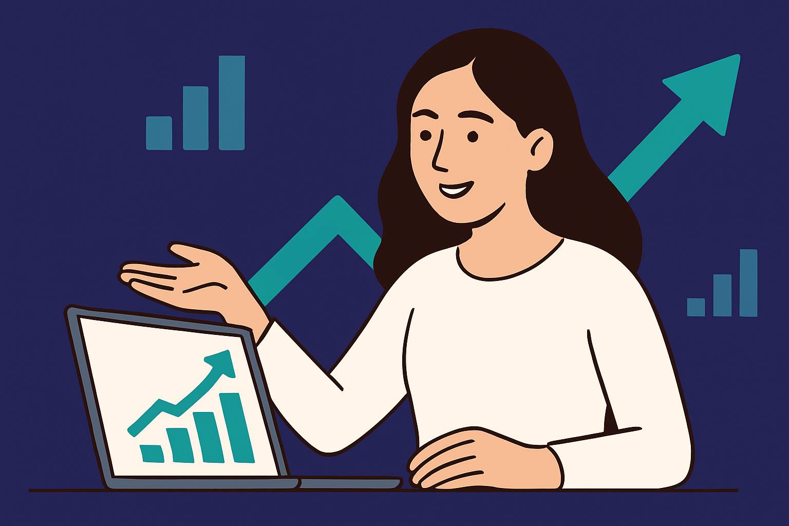 Piirros naisesta, jolla on tummanruskeat hiukset ja joka esittelee kannettavan tietokoneen ruudulla nousevaa kasvukäyrää. Taustalla nuolia ja pylväsdiagrammeja, symboloiden digimarkkinoinnin tuomaa liiketoiminnan kasvua.