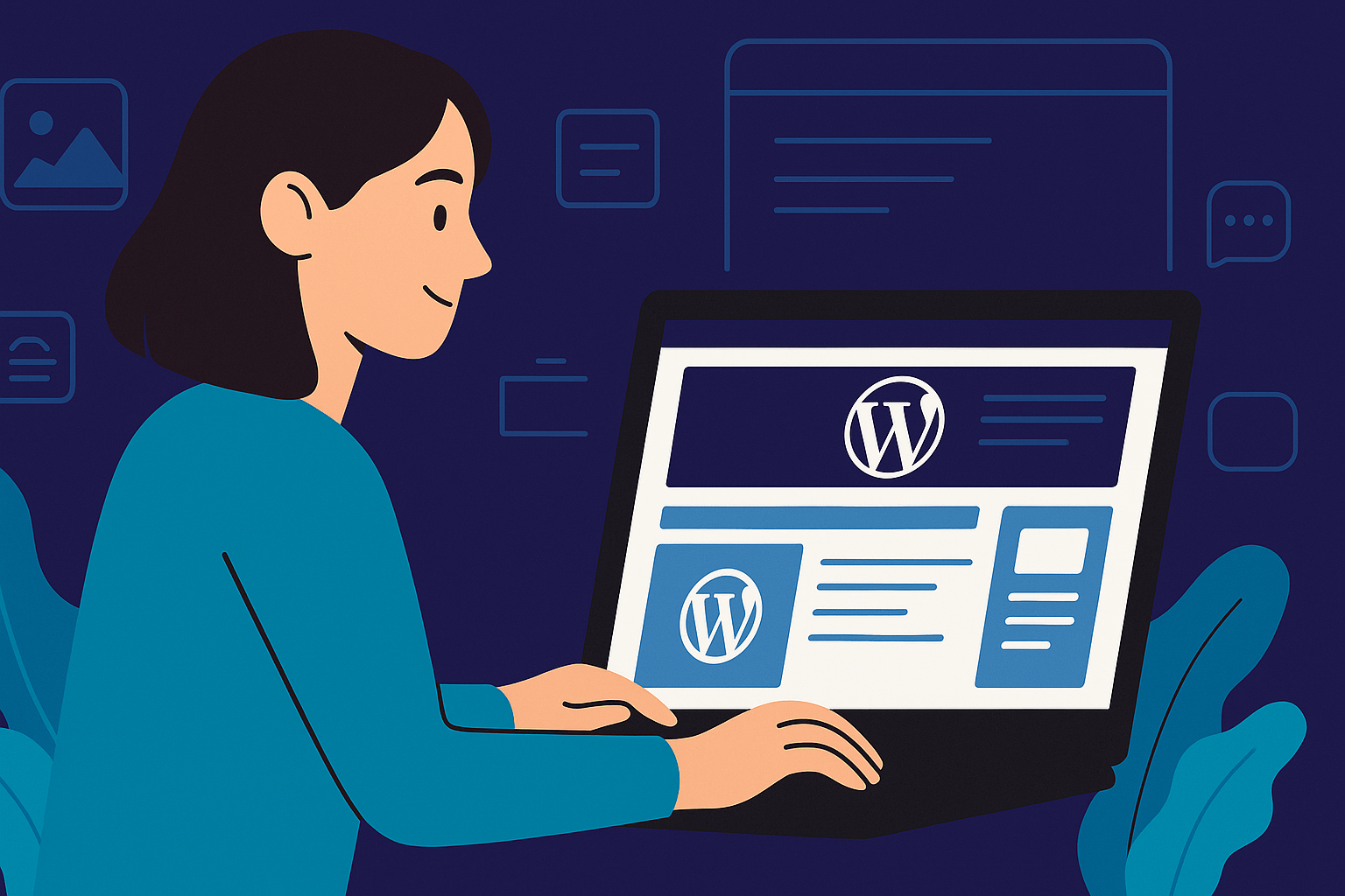 iirros naisesta, jolla on tummanruskeat hiukset ja joka työskentelee kannettavan tietokoneen ääressä. Näytöllä näkyy WordPress-sivuston elementtejä ja symboleja, kuvaten yrityksen verkkosivujen rakentamista WordPressillä.