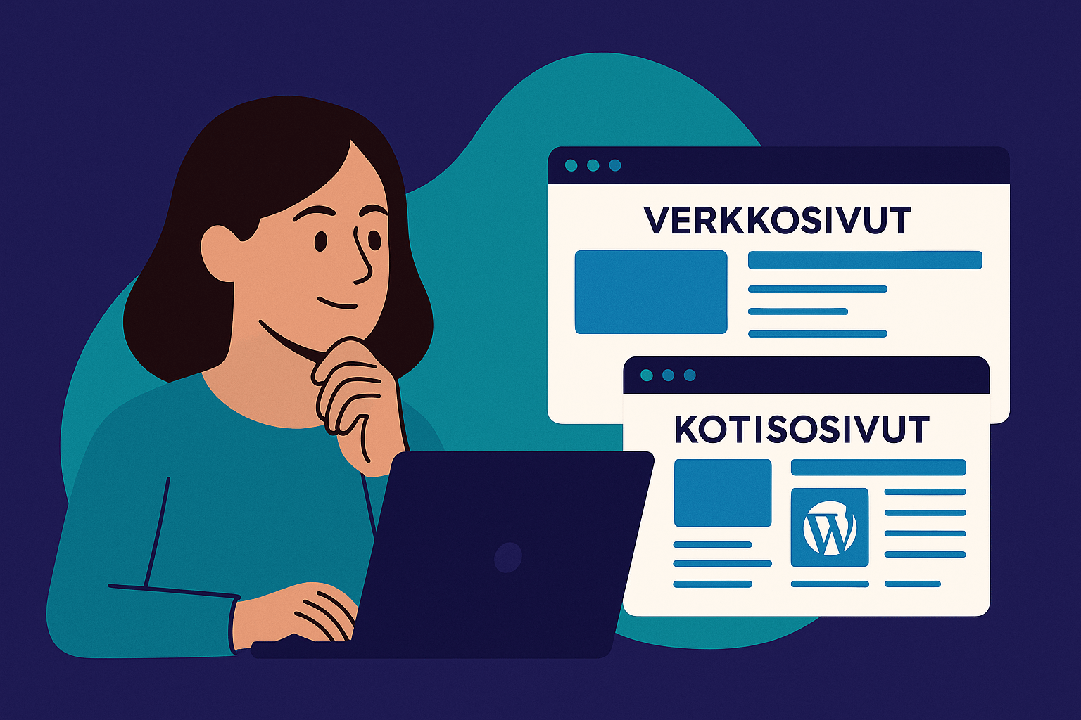 Piirros naisesta, jolla on tummanruskeat hiukset ja joka tarkastelee kahta selainikkunaa: yhdessä lukee Verkkosivut ja toisessa Kotisivut. Tausta Digiheimon väreissä.