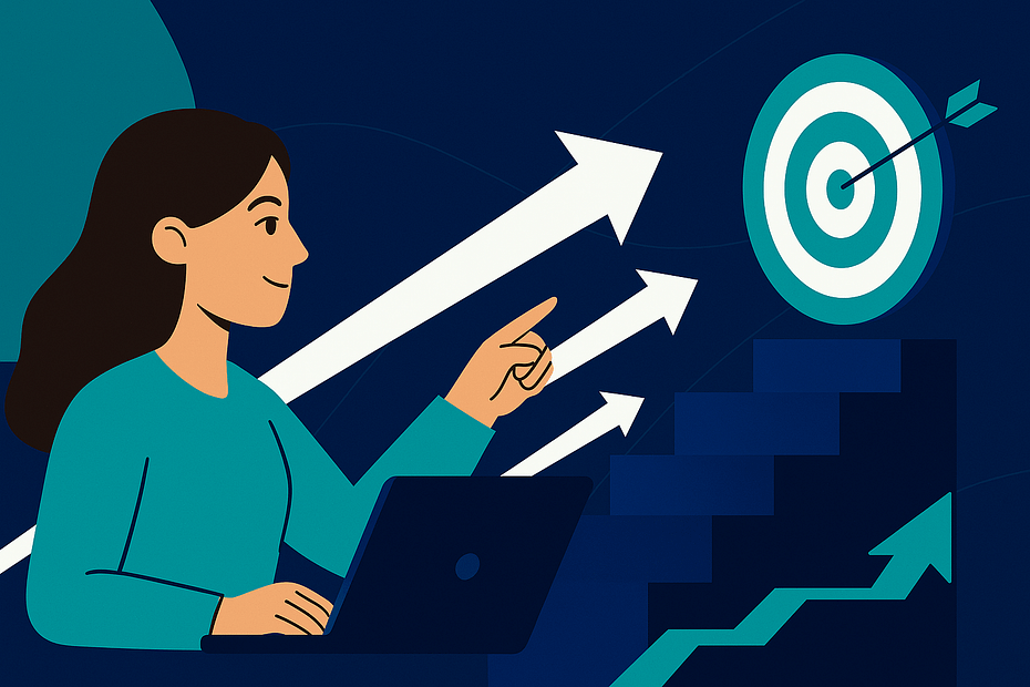 Piirros naisesta, jolla on tummanruskeat hiukset ja joka osoittaa taulutaulua. Taustalla valkoisia nuolia ja sinisiä askelmia, jotka johtavat kohti kohdetta, symboloiden hakukoneoptimoinnin merkitystä yrityksen tavoitteiden saavuttamisessa vuonna 2025.