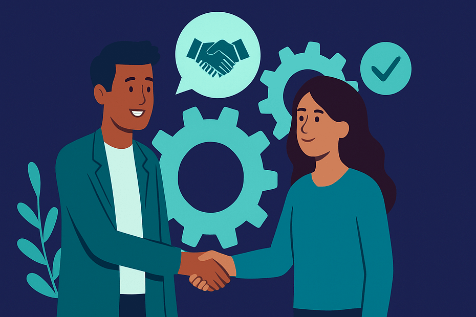 Piirros naisesta, jolla on tummanruskeat hiukset ja joka kättelee miestä. Molemmat hymyilevät, ja taustalla näkyy hammasrattaita sekä yhteistyötä symboloivia elementtejä, kuvaten ulkoistetun digimarkkinoinnin hyötyjä.