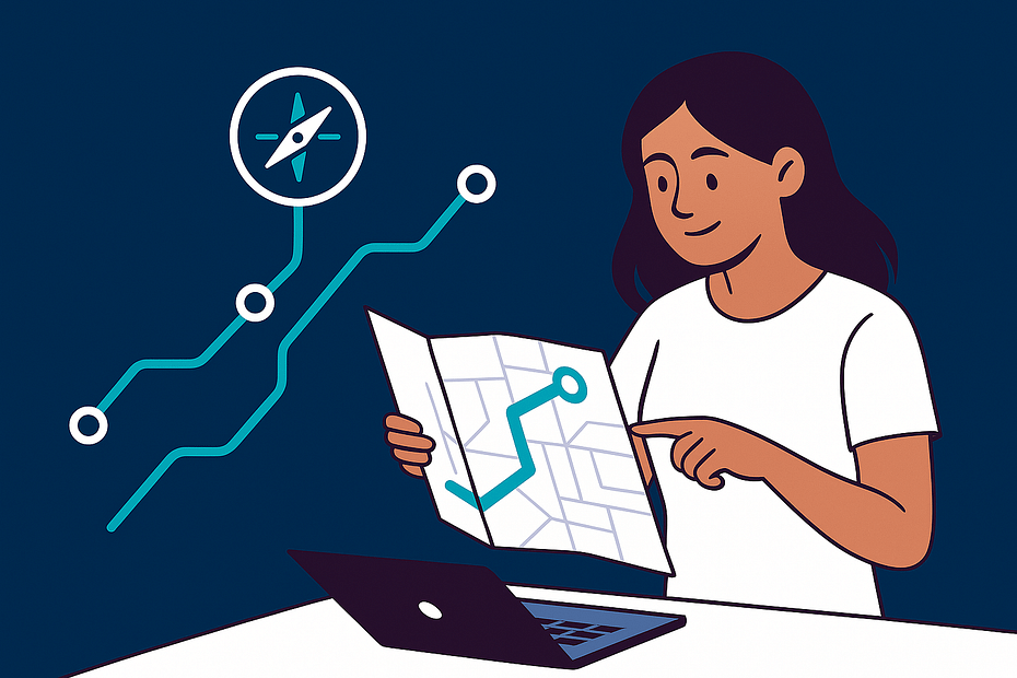 Piirros naisesta, jolla on tummanruskeat hiukset ja joka tutkii karttaa. Taustalla digitaalinen tiekartta, jossa on pisteitä ja kompassi, symboloiden digimarkkinoinnin strategista suunnittelua pienelle yritykselle.