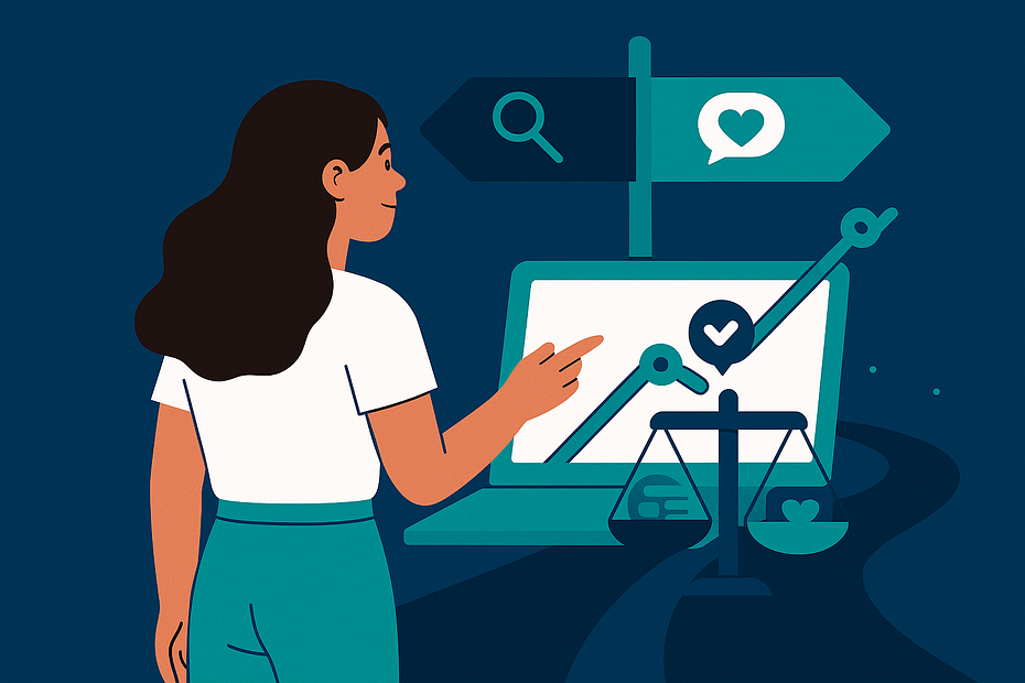 Piirros naisesta, jolla on tummanruskeat hiukset ja joka seisoo tienristeyksessä. Edessä kyltti, jossa toinen nuoli symboloi Google Ads -mainontaa suurennuslasin avulla ja toinen somemainontaa puhekuplalla ja sydämellä.