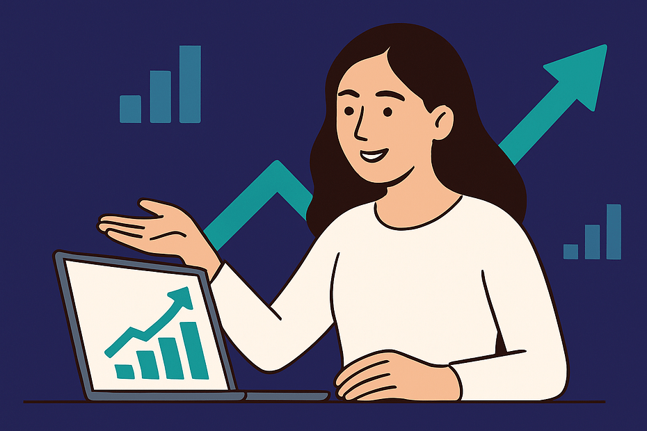 Piirros naisesta, jolla on tummanruskeat hiukset ja joka esittelee kannettavan tietokoneen ruudulla nousevaa kasvukäyrää. Taustalla nuolia ja pylväsdiagrammeja, symboloiden digimarkkinoinnin tuomaa liiketoiminnan kasvua.