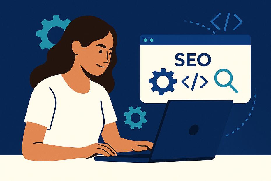 Piirros naisesta, jolla on tummanruskeat hiukset ja joka työskentelee tietokoneen ääressä. Näytöllä näkyy SEO-symbolit kuten ratas, koodisymbolit ja suurennuslasi, kuvaten hakukoneoptimoinnin käytännön toteutusta.