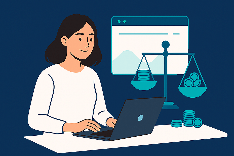 Piirros naisesta, jolla on tummanruskeat hiukset ja joka käyttää läppäriä. Vieressä vaakapaino ja kolikoita, taustalla selainikkuna, symboloiden yrityksen verkkosivujen hintaa ja siihen vaikuttavia tekijöitä.