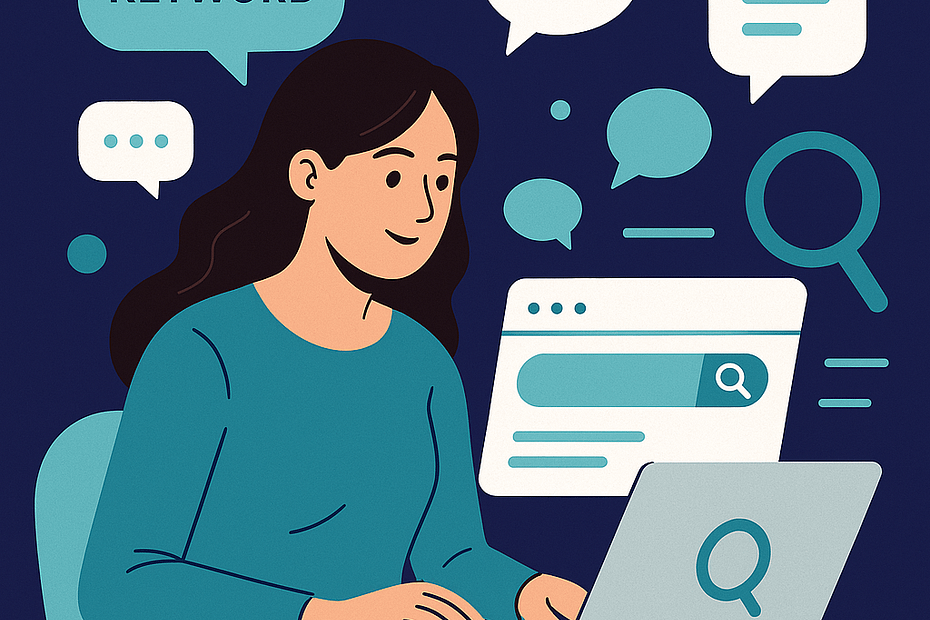 Piirros naisesta, jolla on tummanruskeat hiukset ja joka tekee avainsanatutkimusta läppärillä. Taustalla näkyy puhekuplia ja suurennuslasi, symboloiden hakusanojen tutkimista ja sisällön ideointia.