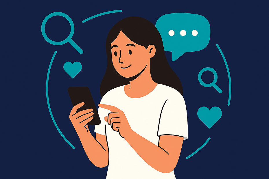 Piirros nuoresta naisesta, jolla on tummanruskeat hiukset ja joka katsoo älypuhelinta. Taustalla some-ikoneja ja suurennuslasi, symboloiden sosiaalisen median näkyvyyttä ja hakua.